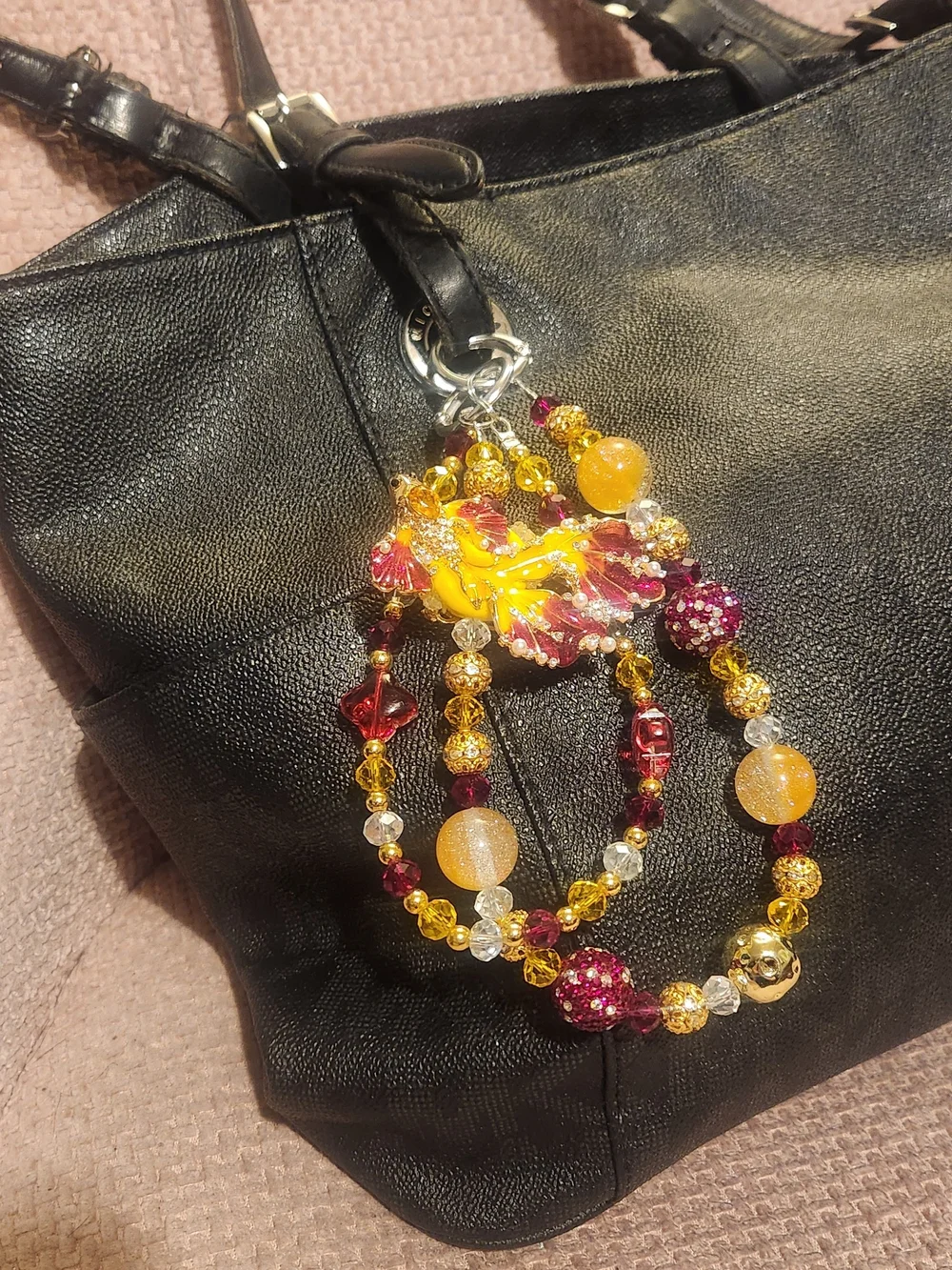 Yellow and Burgundy Beaded Koi Fish Charm